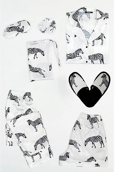 For You Moda Schlafanzug 7-teiliges weißes Satin-Pyjama-Set mit Zebra-Print günstig online kaufen