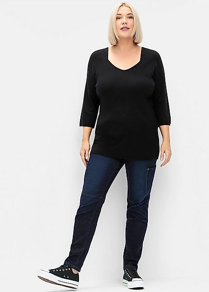 Sheego Strickpullover Pullover 3/4-Arm Feinstrick mit V-Ausschnitt, in Ripp günstig online kaufen