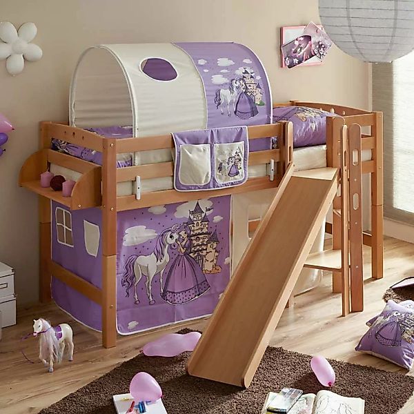Massivholz Kinderbett im Prinzessin Design Rutsche und Vorhang in Lila günstig online kaufen