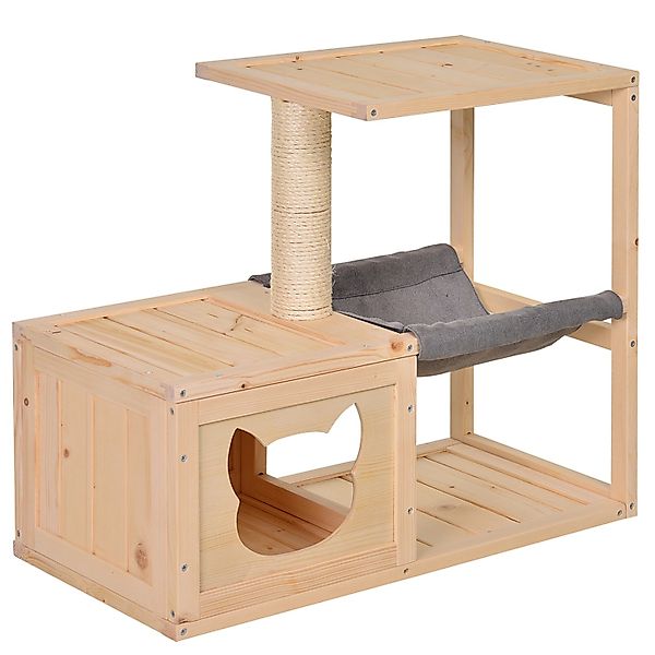 PawHut Tierbett Katzenhaus mit Hängematte, Katzenhöhle, Katzenbaum, Natur, günstig online kaufen