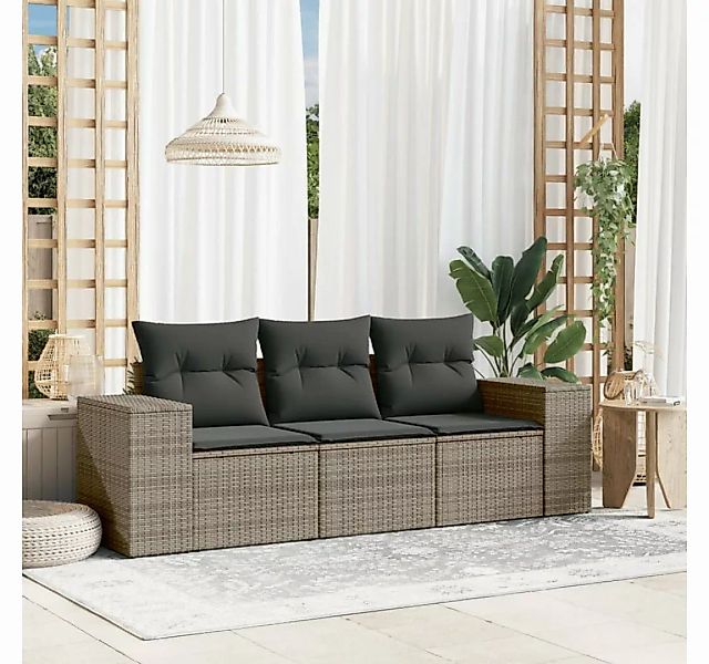 vidaXL Loungesofa 3-tlg. Garten-Sofagarnitur mit Kissen Grau Poly Rattan, 1 günstig online kaufen
