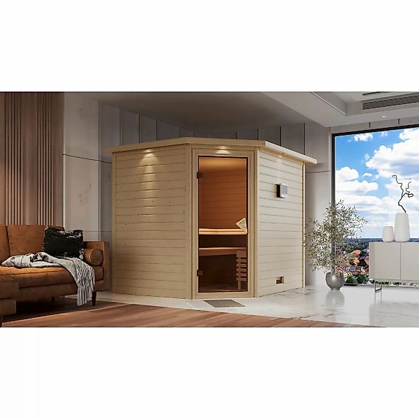 Karibu Sauna Tilda mit Bio-Ofen externe Stg.LED-Dachkranz Natur günstig online kaufen