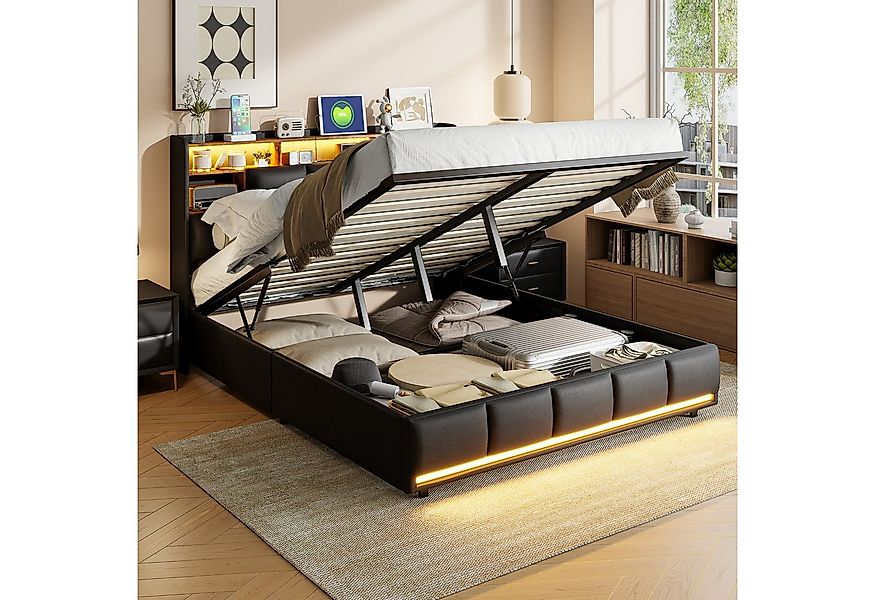 PXloue Polsterbett LED Doppelbett Stauraumbett (Hydraulisch hebbarer Staura günstig online kaufen