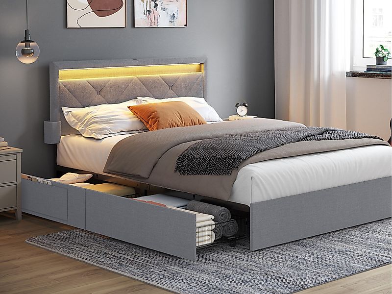 VASAGLE Polsterbett (140 x 200 cm, 4 Schubladen, verstellbares gepolstertes günstig online kaufen