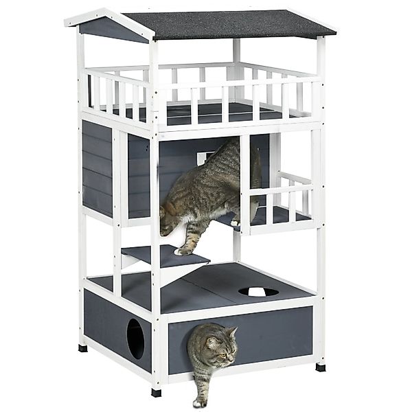 PawHut Tierhöhle Katzenvilla mit Treppe, Asphaltdach, günstig online kaufen