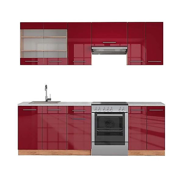 Vicco Fame-Line Küchenzeile Bordeaux Hochglanz/Goldkraft Eiche 240 cm AP Ma günstig online kaufen