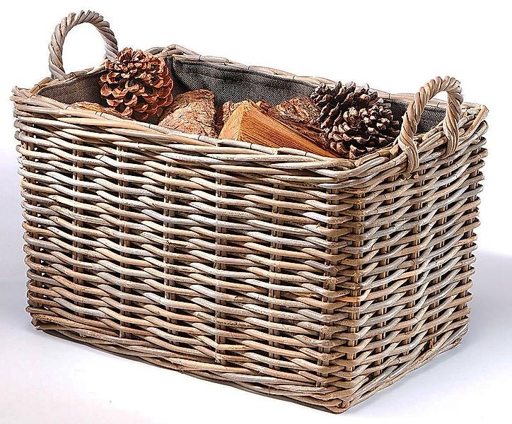 Kobolo Kaminholzkorb Holzkorb eckig aus grauem Rattan mit Leinenstoff günstig online kaufen