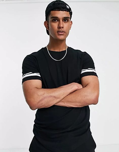Only & Sons – Longline-T-Shirt mit Streifen an den Ärmeln in Schwarz günstig online kaufen