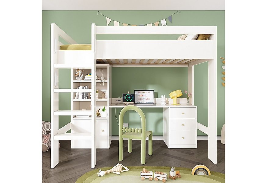 Merax Hochbett (1-St) Kinderbett 90x200 mit Schreibtisch, Kleiderschrank & günstig online kaufen