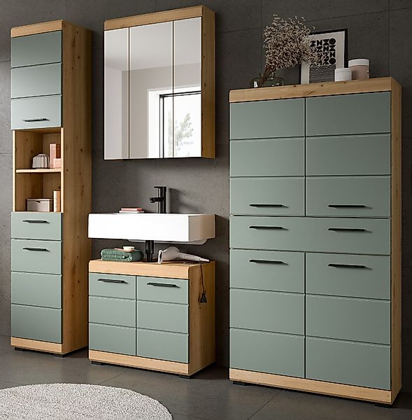 Inn.Furn Badmöbel Set in Grün und Eiche 4-teilig mit Spiegel Shawn günstig online kaufen