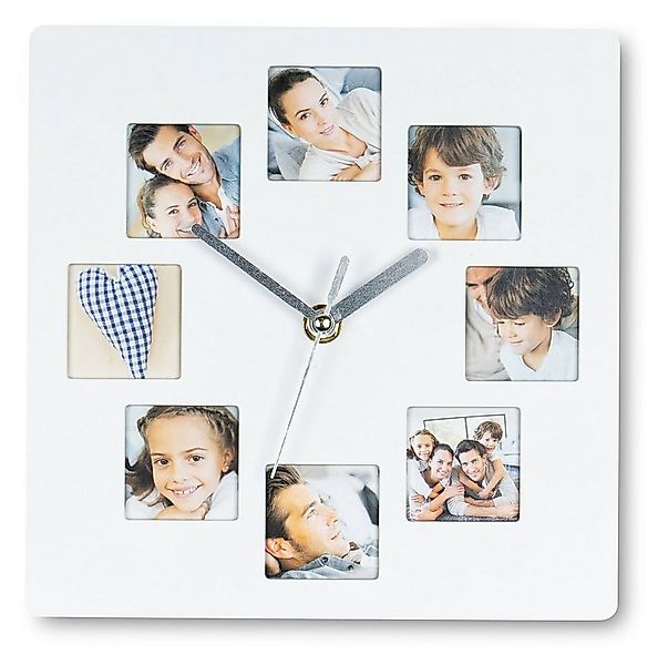 Levandeo® Bilderrahmen Collage, Wanduhr Weiß 21x21cm Fotouhr 8 Fotos Bilder günstig online kaufen