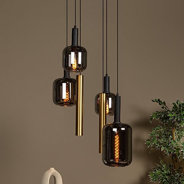 Hängelampe Joanet, Ø 65 cm, rauch/messing Glas/Metall 6-flg. günstig online kaufen