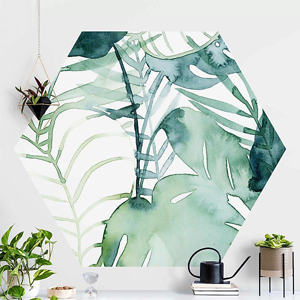 Hexagon Fototapete selbstklebend Palmwedel in Wasserfarbe II günstig online kaufen