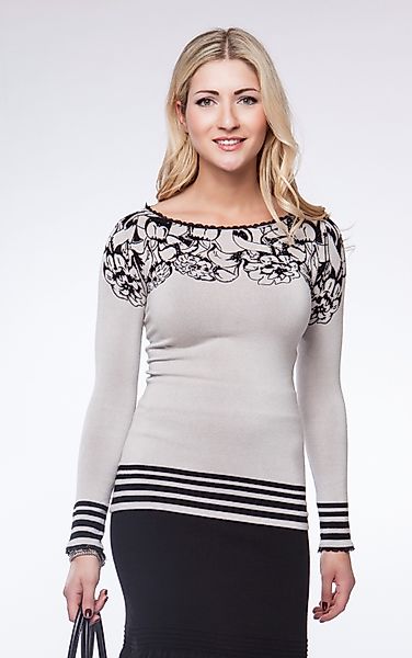 Passioni Strickpullover in Hellgrau mit Blumenmuster günstig online kaufen