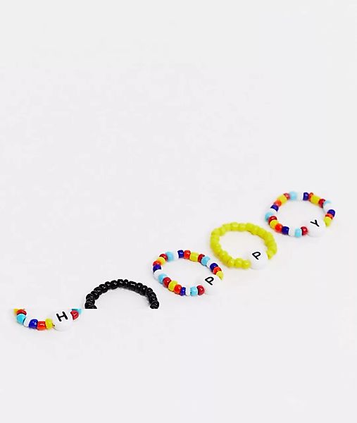 ASOS DESIGN – 5er-Set Ringe mit Perlendesign mit „HAPPY“-Schriftzug-Mehrfar günstig online kaufen