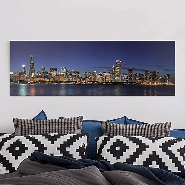 Leinwandbild - Panorama Chicago Skyline bei Nacht günstig online kaufen