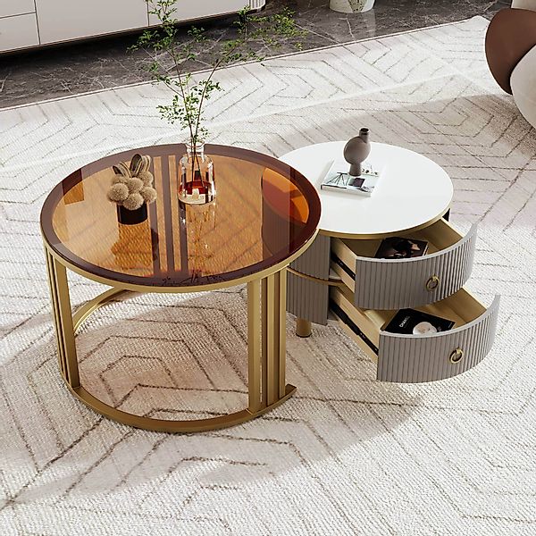 Couchtisch Set, 2-in-1 Runder mit Hochglanz- und Glasplatte, inkl. 2 Schubl günstig online kaufen