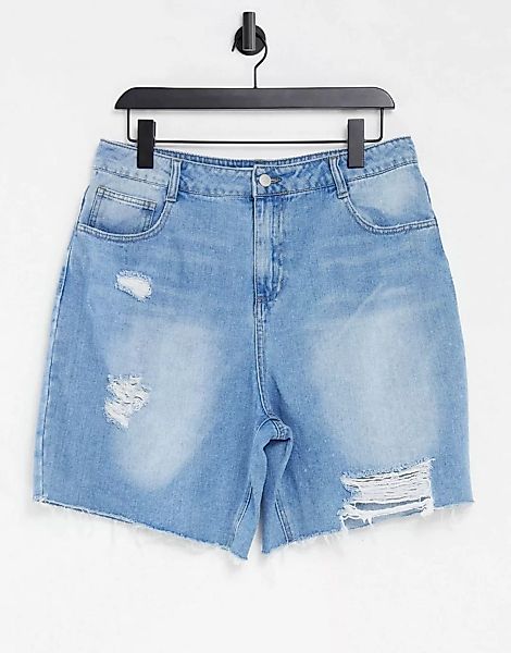 Urban Bliss – Longline-Shorts in mittelblauer Waschung mit hohem Bund und Z günstig online kaufen