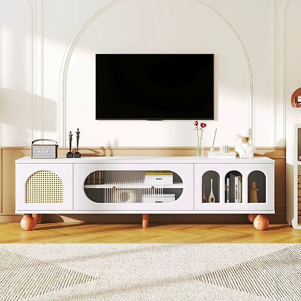 TV Schrank Weiß, Klassischer TV-Schrank 170 cm mit Rattan-Optik, Glasschieb günstig online kaufen