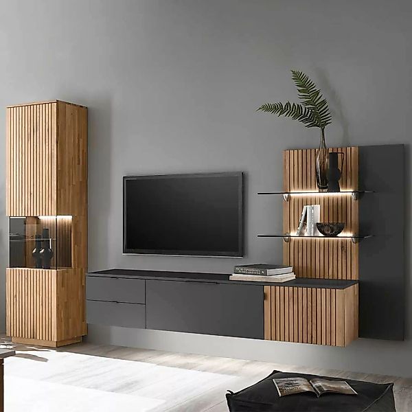 Wohnzimmer Anbauwand modern in Eiche Bianco Anthrazit (dreiteilig) günstig online kaufen