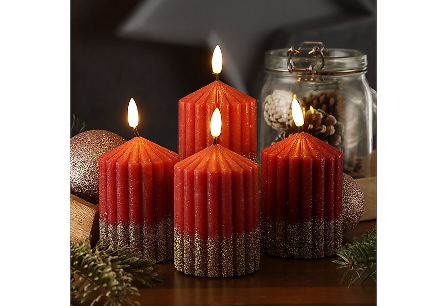 MARELIDA LED-Kerze Liv Echtwachs gerillt mit Rillen 7x10cm rot gold Weihnac günstig online kaufen