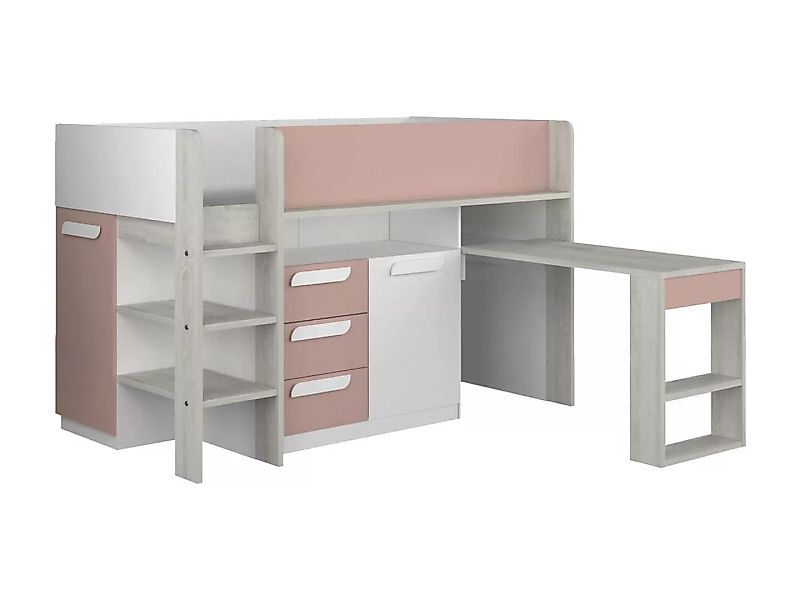 Hochbett mit Schreibtisch & Stauraum - 90 x 200 cm - Rosa, Naturfarben & We günstig online kaufen