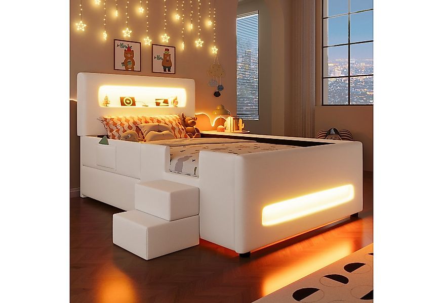 MODFU Kinderbett Modernes Komfortbett (mit LED-Leisten & Schublade,Kunstled günstig online kaufen