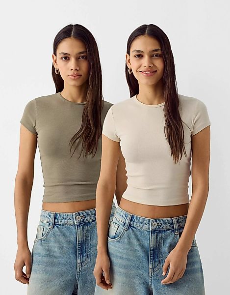 Bershka 2er-Pack T-Shirts Mit Kurzen Ärmeln Und Rundausschnitt Damen L Komb günstig online kaufen