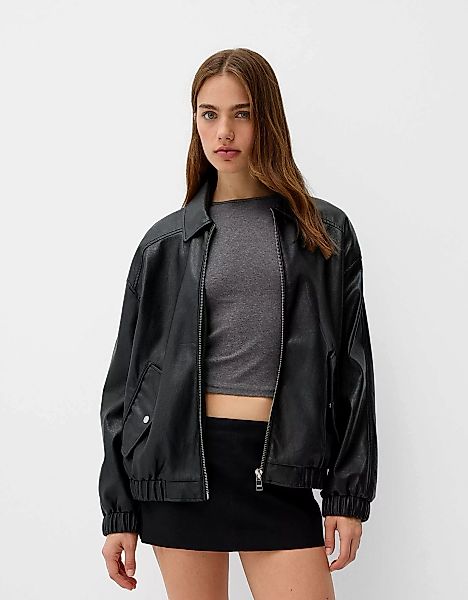 Bershka Jacke Aus Kunstleder Im Dad-Fit Damen L Schwarz günstig online kaufen