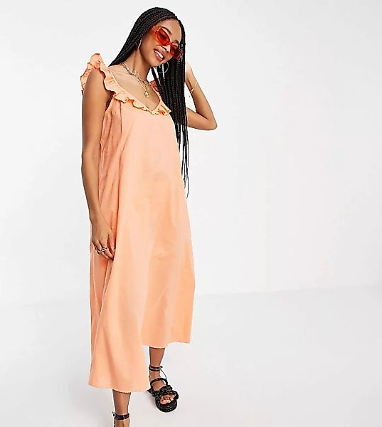 Only – Exklusives Midi-Strandkleid mit Rüschendetail in Orange günstig online kaufen