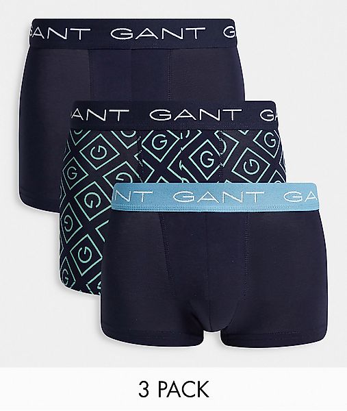GANT – Unterhosen in Marineblau/Blau mit durchgehendem Logoprint im 3er-Pac günstig online kaufen