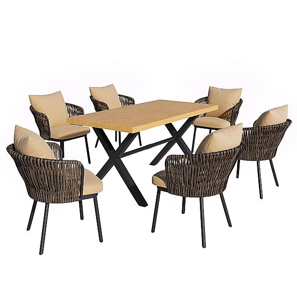 Modernes 6‑teiliges Garten-Essgruppen-Set, für 6 Personen, Khaki+Naturfarbe günstig online kaufen