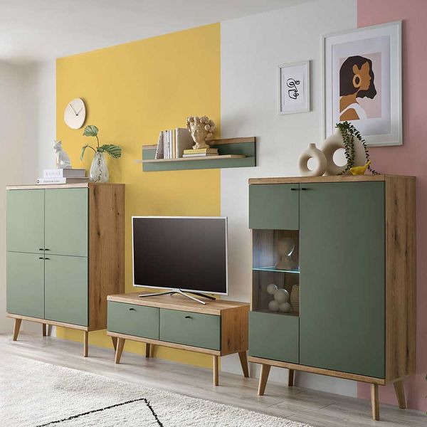 Wohnwand niedrig im Skandi Design Graugrün & Wildeichefarben (vierteilig) günstig online kaufen