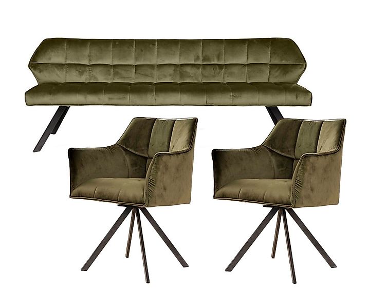 Vintagehaus Polsterbank Set Esstischbank Raster + 2 Armlehnstühle Samt (3 t günstig online kaufen