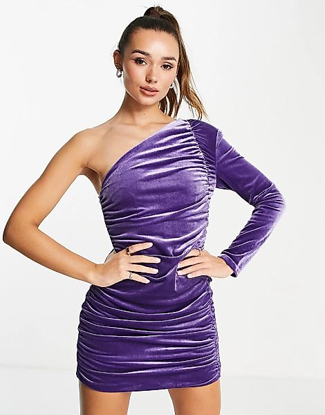 Amy Lynn – Gerafftes Minikleid aus lila Samt mit One-Shoulder-Träger-Violet günstig online kaufen