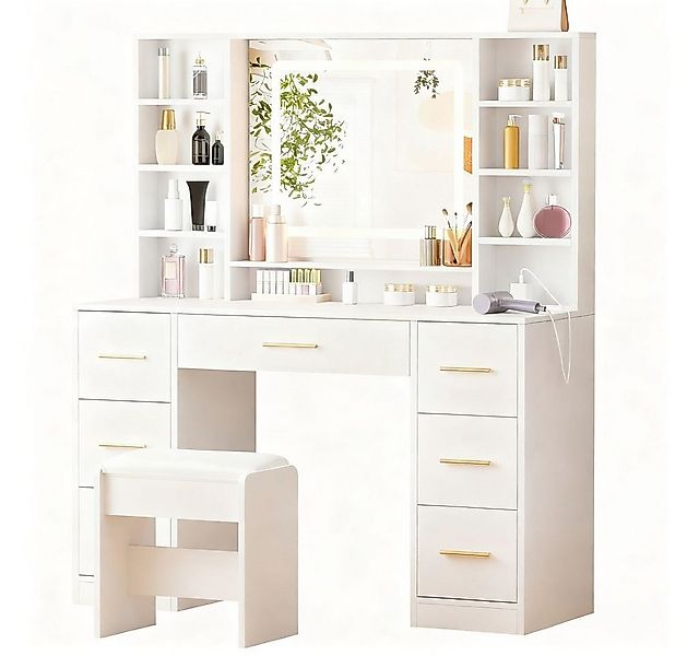 BEWISHOME Schminktisch mit Spiegel und Hocker, Ladestation, 7 Schubladen, L günstig online kaufen