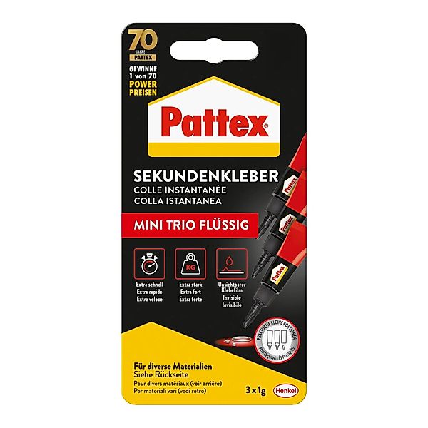 Pattex Flüssigkleber Sekundenkleber Flüssig Mini-Trio farblos 3x1g günstig online kaufen