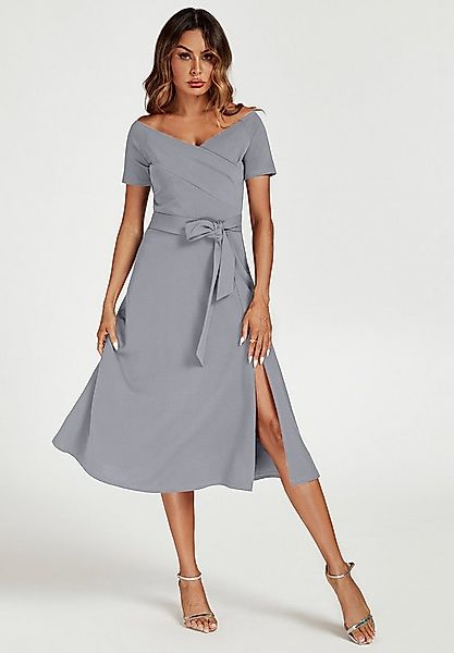 FS Collection Midikleid Damen Bardot-Midikleid mit Bindegürtel & Schlitz, E günstig online kaufen