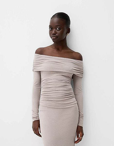 Bershka Midikleid Mit Carmen-Ausschnitt Damen L Sandfarbe günstig online kaufen