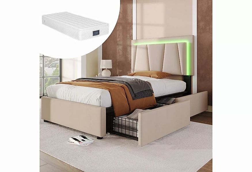 HT Jugendbett Polsterbett mit LED-Beleuchtung und 2 Schubladen (Höhenverste günstig online kaufen