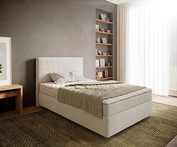 Boxspringbett Dream-Well 120x200 cm Bouclé Creme-Weiß mit Matratze und Topp günstig online kaufen