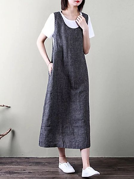 Kariertes Rundhalsausschnitt Lose ärmelloses Vintage-Kleid günstig online kaufen