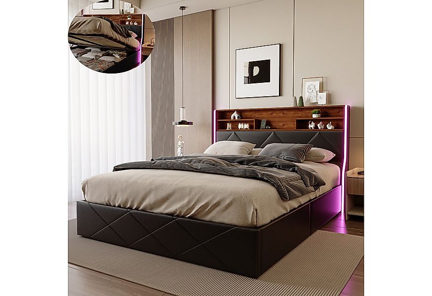 PXloue Funktionsbett Polsterbett, Hydraulisches Doppelbett, mit LED-Leisten günstig online kaufen