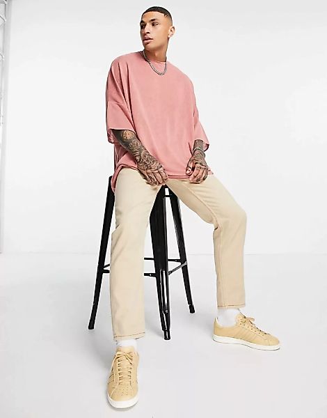 ASOS DESIGN – Lang geschnittenes Oversize-T-Shirt aus rosa Stoff in Leineno günstig online kaufen