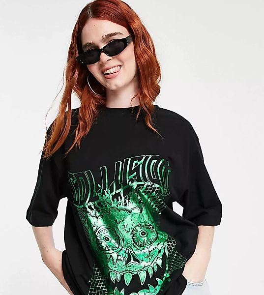 COLLUSION – Oversize-T-Shirt in Schwarz mit holografischem Totenkopfprint günstig online kaufen