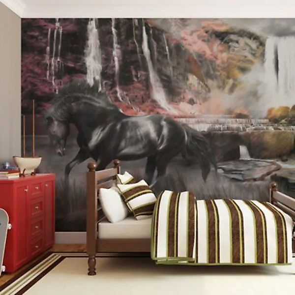 artgeist Fototapete Schwarzes Pferd am Wasserfall mehrfarbig Gr. 350 x 270 günstig online kaufen