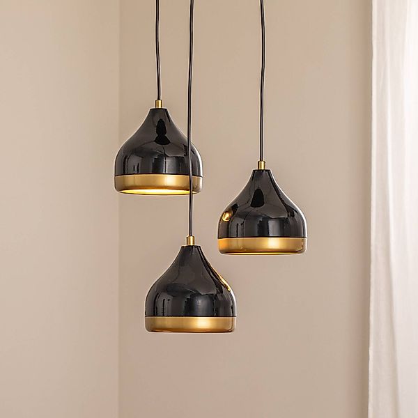 Hängeleuchte Yildo, 3-flammig, schwarz/gold, Rondell, Ø37 cm günstig online kaufen