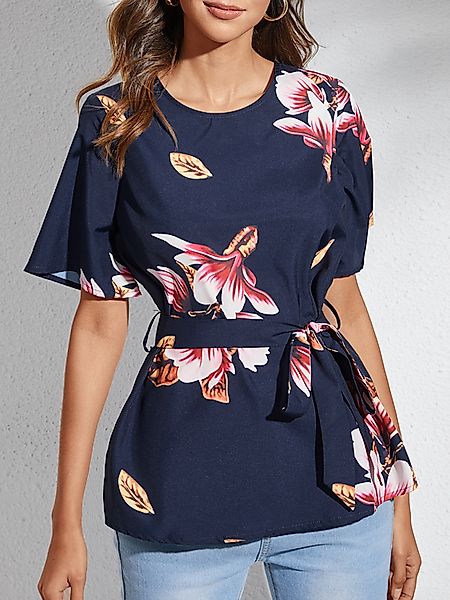 YOINS Navy Random Blumendruck Bluse mit kurzen Ärmeln und Blumendruck günstig online kaufen