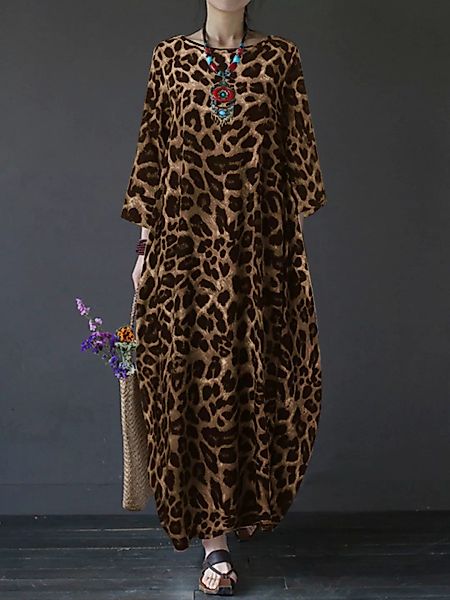 Patchwork Langarm mit Leopardenmuster Plus Größe Maxi Kleid günstig online kaufen