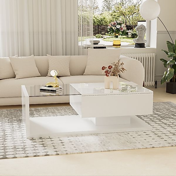Couchtisch Hochglanz-Weiß mit Glasplatte und LED-Beleuchtung, Modernes Desi günstig online kaufen